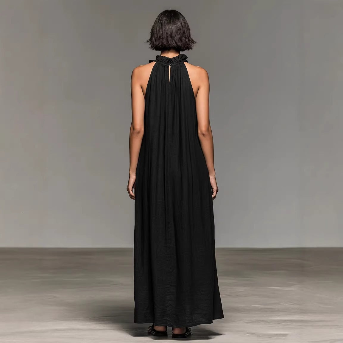 Women's Minimalist Linen-blend Sleeveless Maxi Dress With Ruffle Details - BundleWear