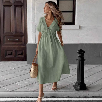 Casual bow-tie short-sleeved dress - BundleWear