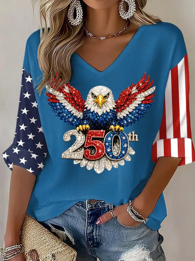 USA 250th Women's Summer V-neck Short-sleeved Top CHF-1580 - BundleWear