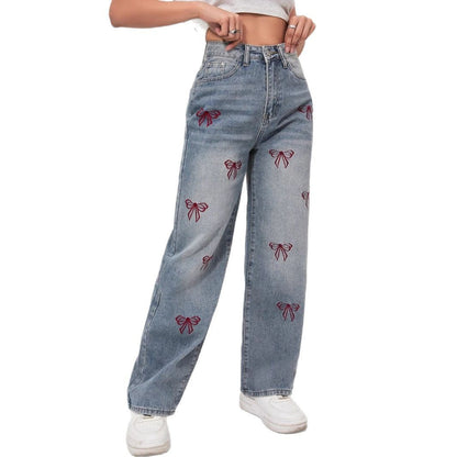 Bow embroidered wide jeans