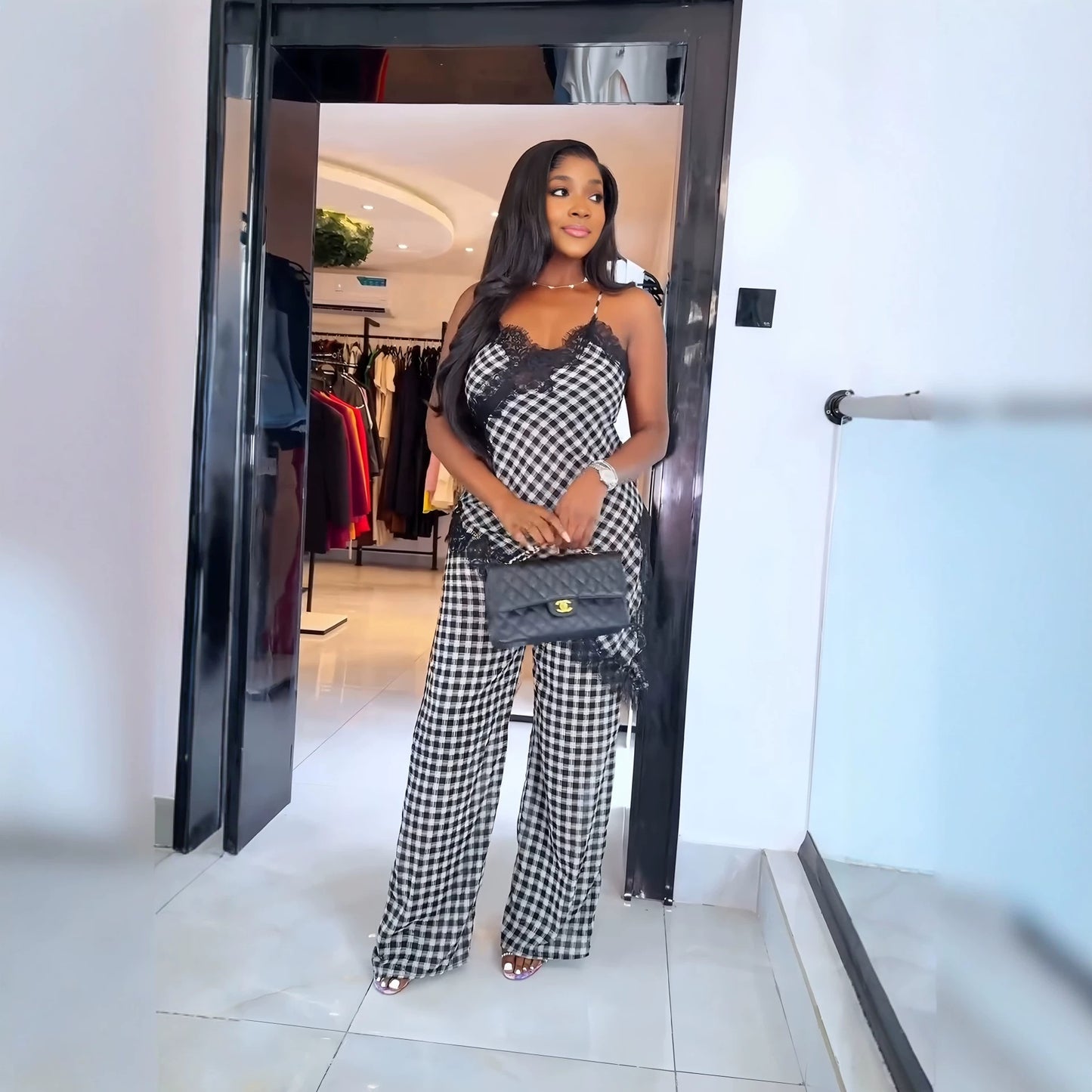 Silk Road QFX3341 2026 African New Sweet Plaid Straight Pants Lace Strap Top Two-piece Set - BundleWear