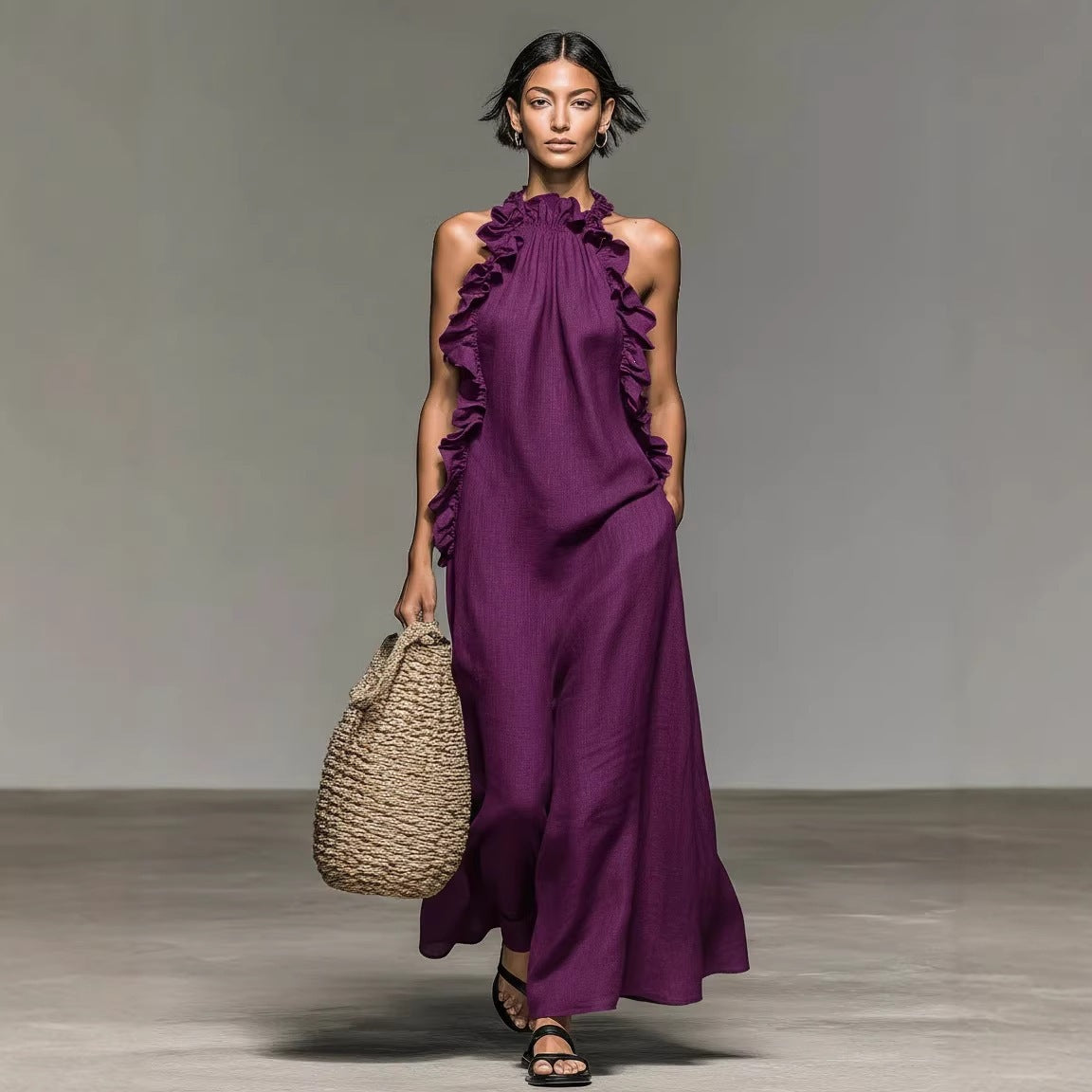 Women's Minimalist Linen-blend Sleeveless Maxi Dress With Ruffle Details - BundleWear