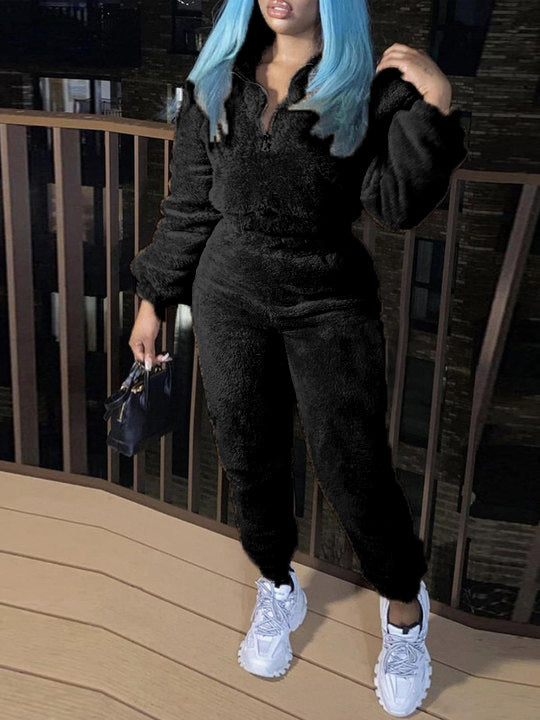 New women's pure color long -sleeved long pants autumn and winter plush casual fashion set