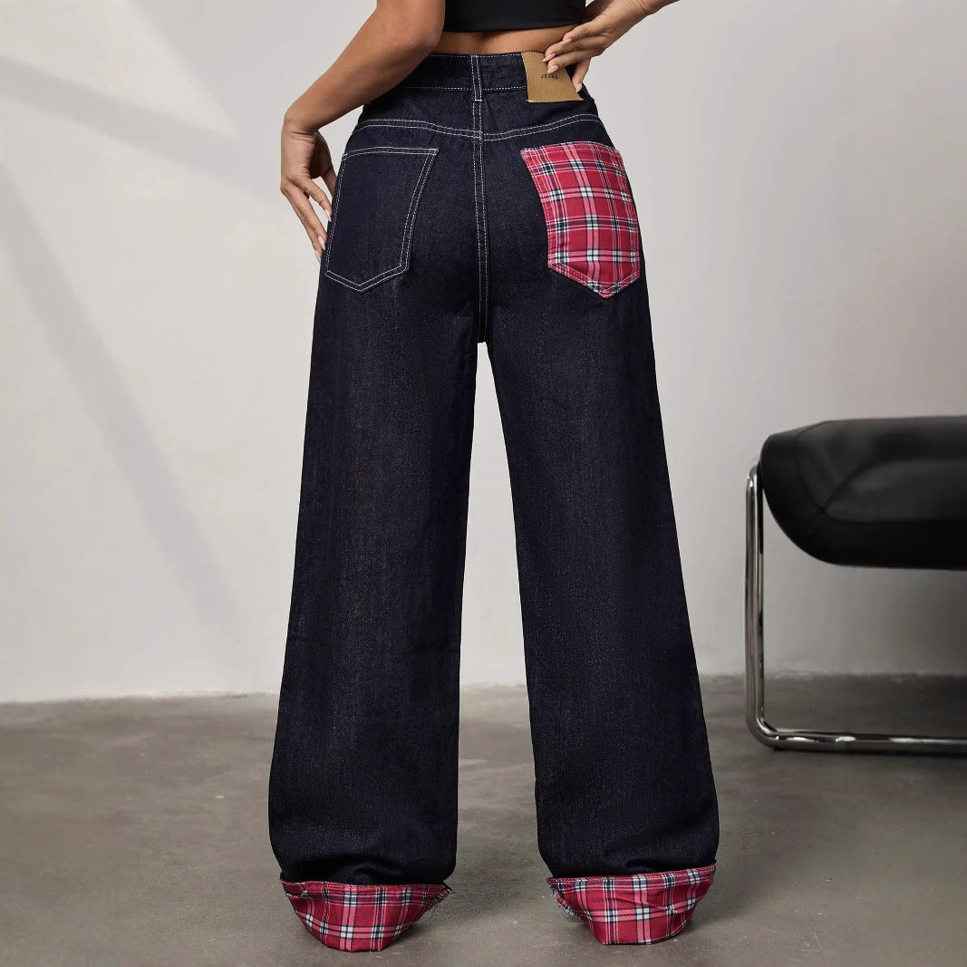 Panelled rolled-up plaid jeans
