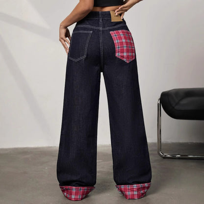 Panelled rolled-up plaid jeans
