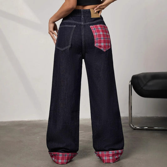 Panelled rolled-up plaid jeans