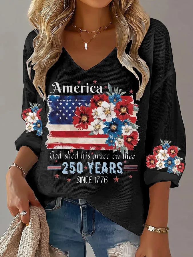 USA 250th Women's Summer V-neck Short-sleeved Top CHF-1584 - BundleWear