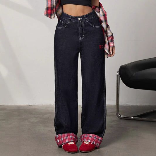 Panelled rolled-up plaid jeans