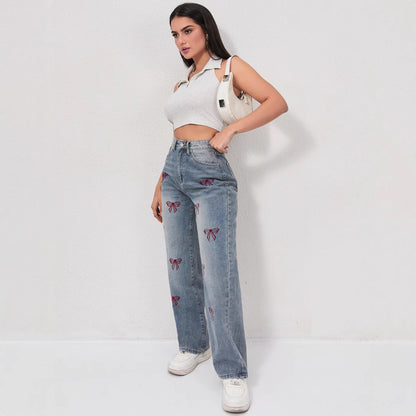 Bow embroidered wide jeans