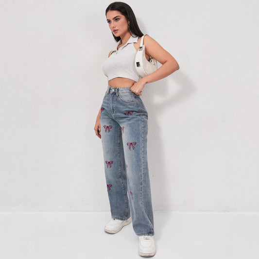 Bow embroidered wide jeans