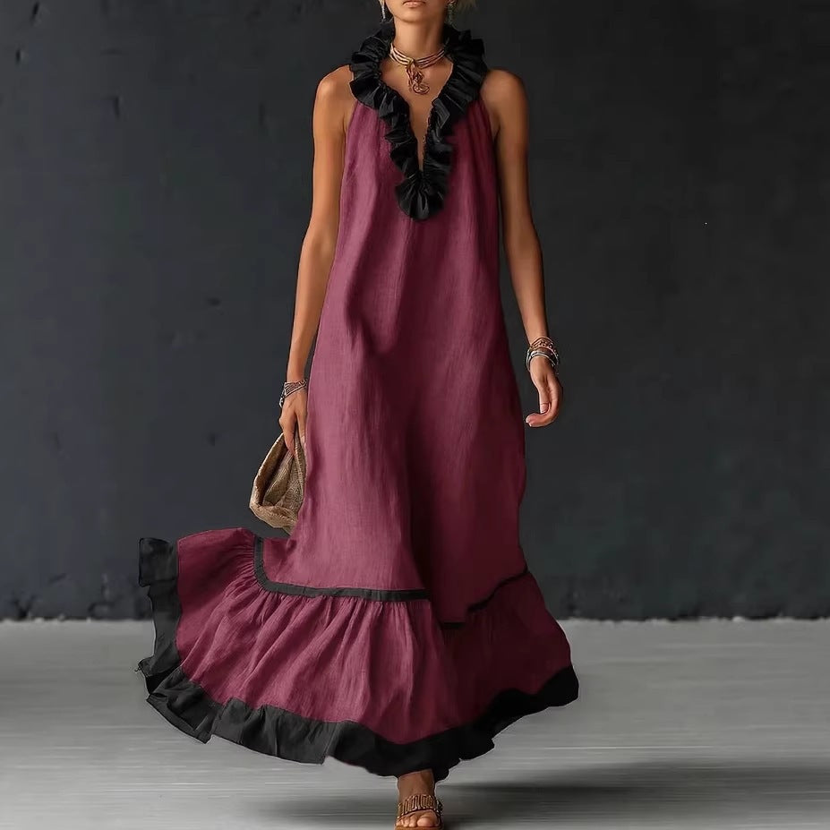 RUFFLED V-NECK MAXI DRESS