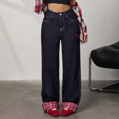 Panelled rolled-up plaid jeans