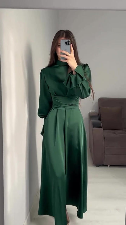 Long Sleeve Waist Puff Sleeve Solid Color Fairy Style Dress