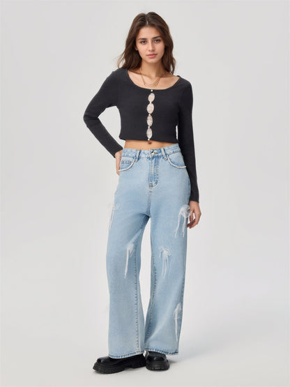 Denim trousers with 3D decoration
