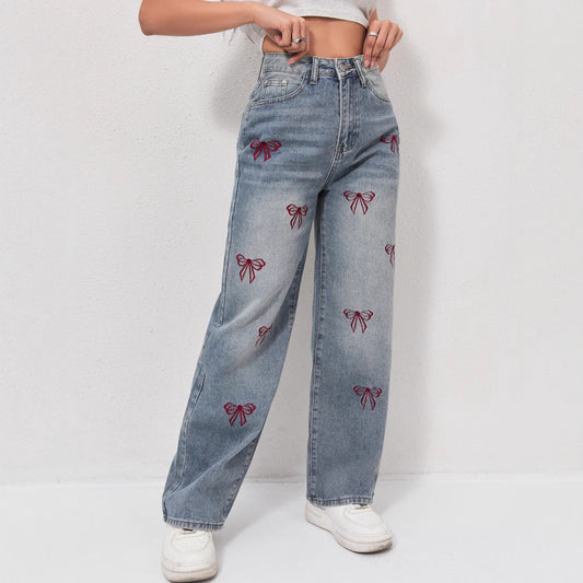 Bow embroidered wide jeans
