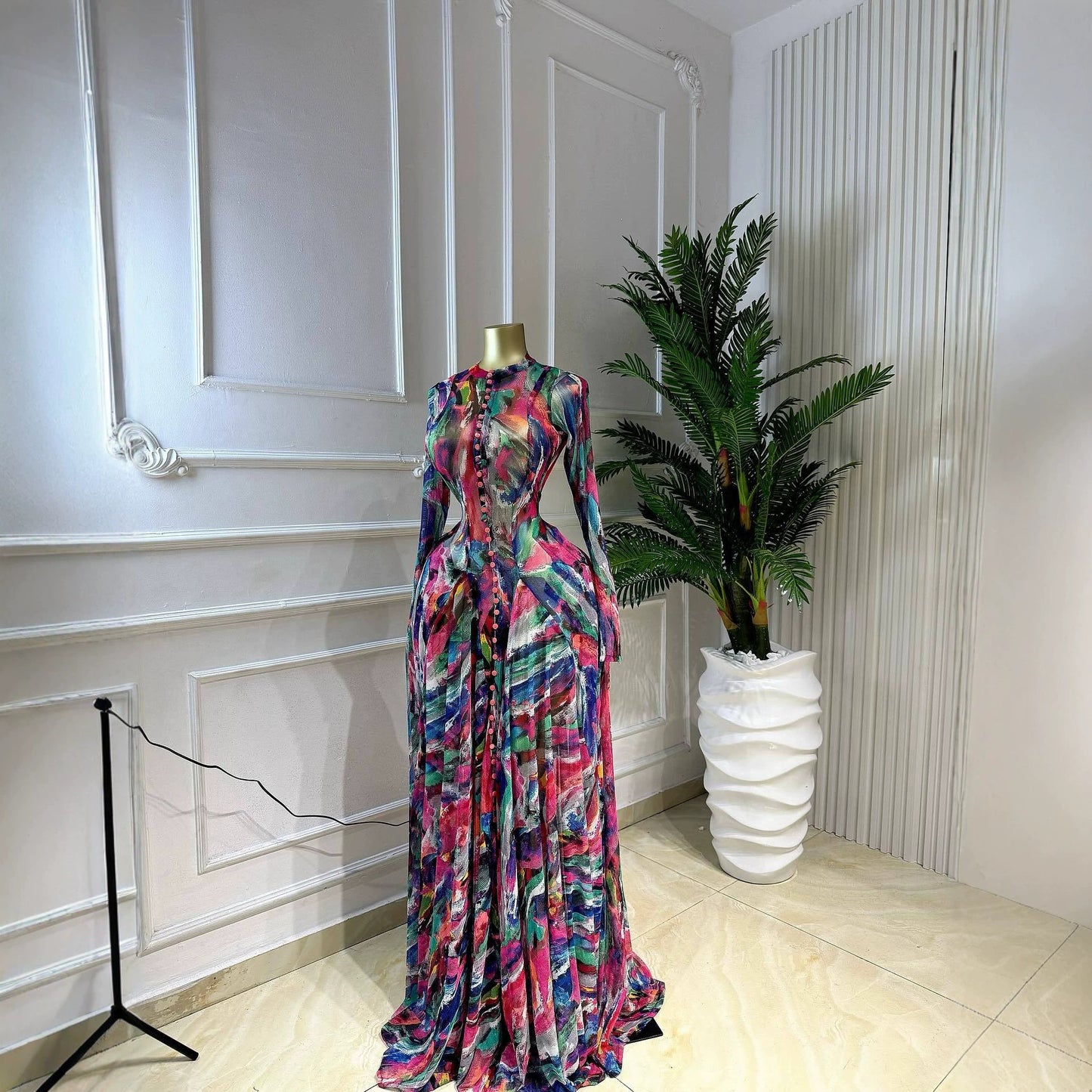 Silk Road QFX3243 European and American cross-border women's clothing 2026 African new elegant printed large swing long skirt round neck long-sleeved waist dress - BundleWear