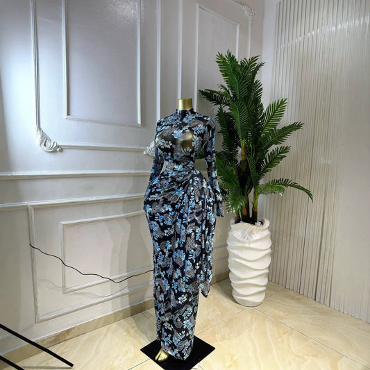 Silk Road QFX3305 2026 African New Elegant Print Evening Dress Round Neck Long Sleeve Waist-cinched Dress - BundleWear
