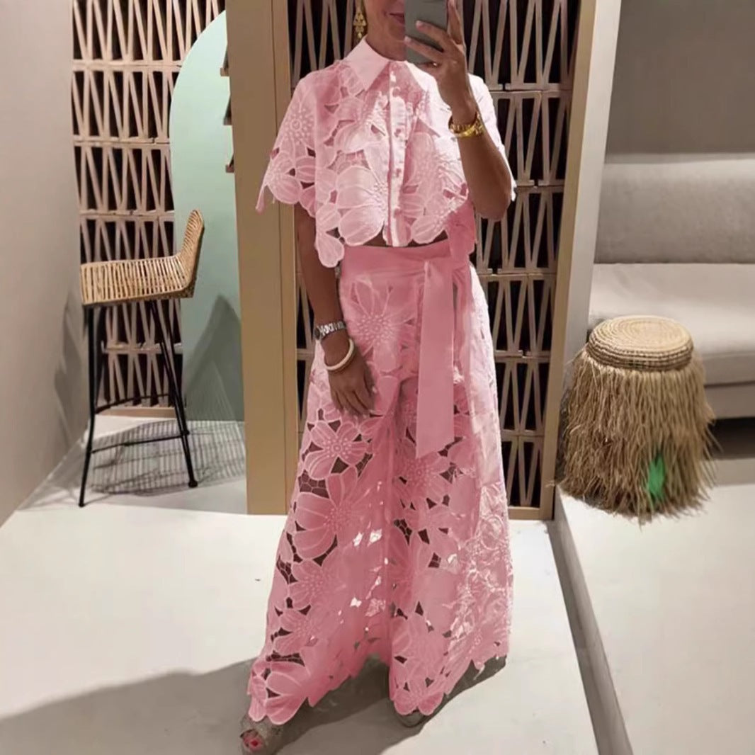 Elegant and stylish floral lace top and wide-leg pants set - MATCHING MASTER
