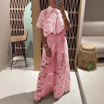 Elegant and stylish floral lace top and wide-leg pants set - MATCHING MASTER