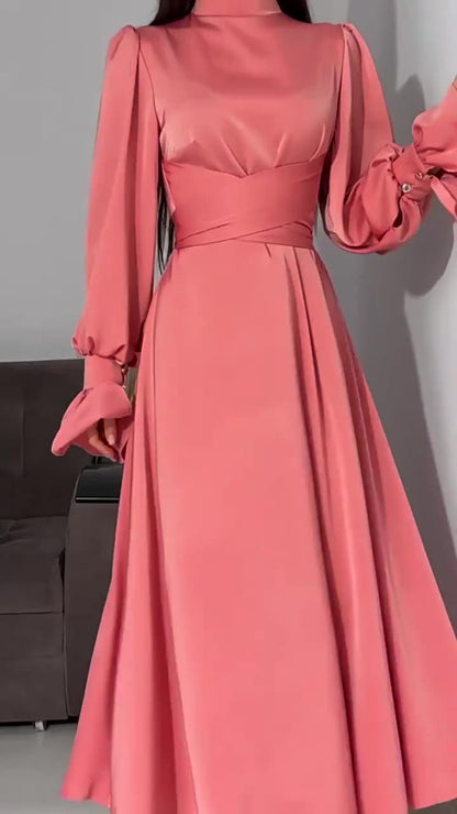 Long Sleeve Waist Puff Sleeve Solid Color Fairy Style Dress