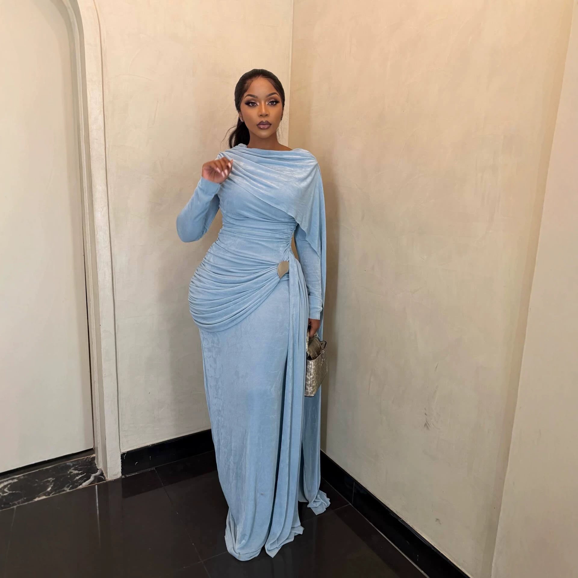 Silk Road QFX3233 European and American cross-border women's clothing 2026 African new elegant banquet long skirt shawl half-high neck long-sleeved dress - BundleWear