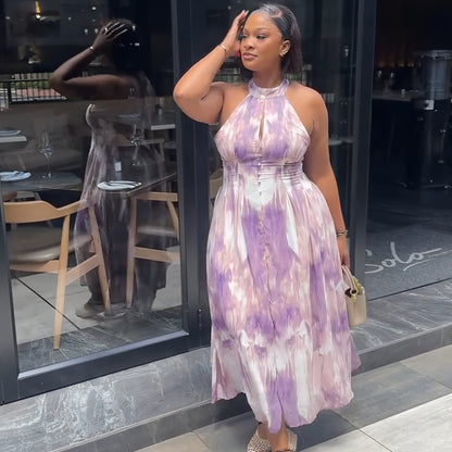 Silk Road QFX2119 European and American cross-border women's clothing 2026 African Amazon new sweet printed sleeveless lace-up waist dress long skirt - BundleWear