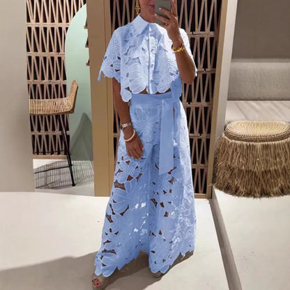 Elegant and stylish floral lace top and wide-leg pants set - MATCHING MASTER