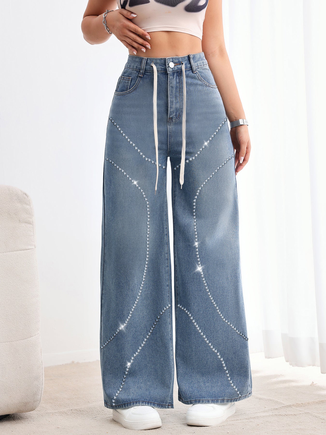 Rhinestone Beaded Denim Pants