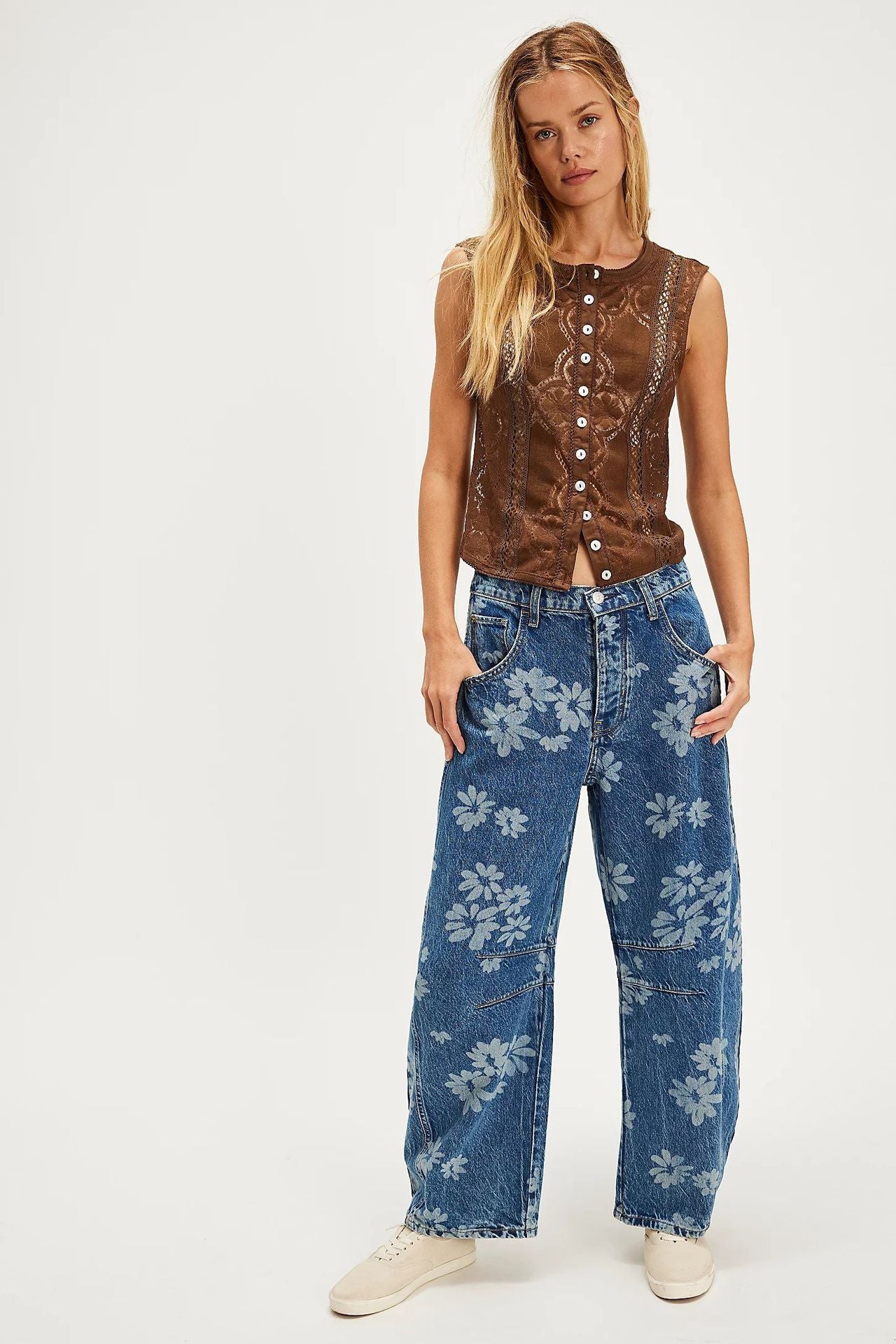 Flower Print Wide Leg Jeans