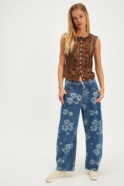 Flower Print Wide Leg Jeans