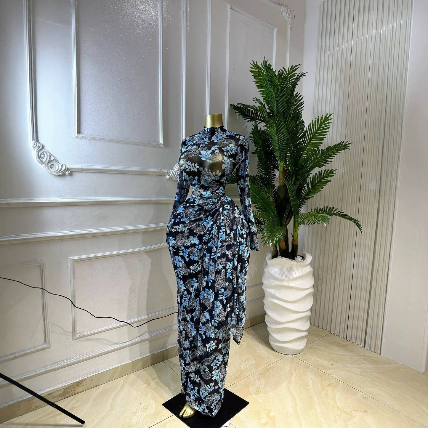 Silk Road QFX3305 2026 African New Elegant Print Evening Dress Round Neck Long Sleeve Waist-cinched Dress - BundleWear