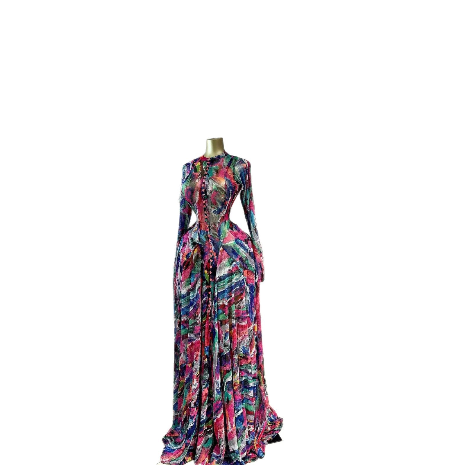 Silk Road QFX3243 European and American cross-border women's clothing 2026 African new elegant printed large swing long skirt round neck long-sleeved waist dress - BundleWear