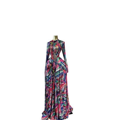 Silk Road QFX3243 European and American cross-border women's clothing 2026 African new elegant printed large swing long skirt round neck long-sleeved waist dress - BundleWear