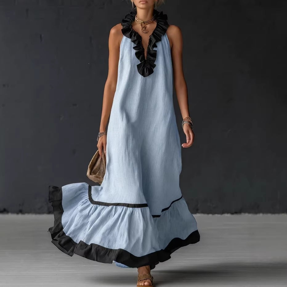 RUFFLED V-NECK MAXI DRESS