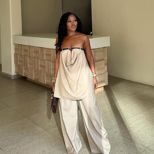 Silk Road QFX1172 2025 Autumn African New Casual Wide-leg Pants Loose Tube Top Tie Set - BundleWear