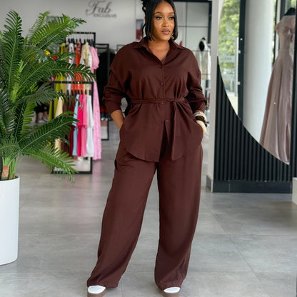Silk Road QFX3186 Women's clothing 2026 African new comfortable casual long pants lace-up long-sleeved cardigan top two-piece set elegant commute - BundleWear