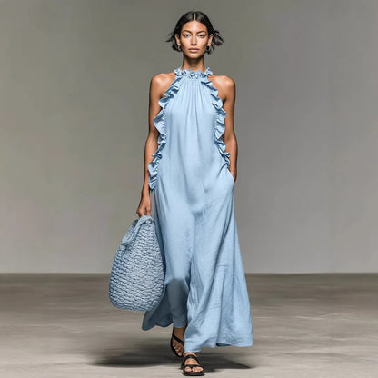 Women's Minimalist Linen-blend Sleeveless Maxi Dress With Ruffle Details - BundleWear