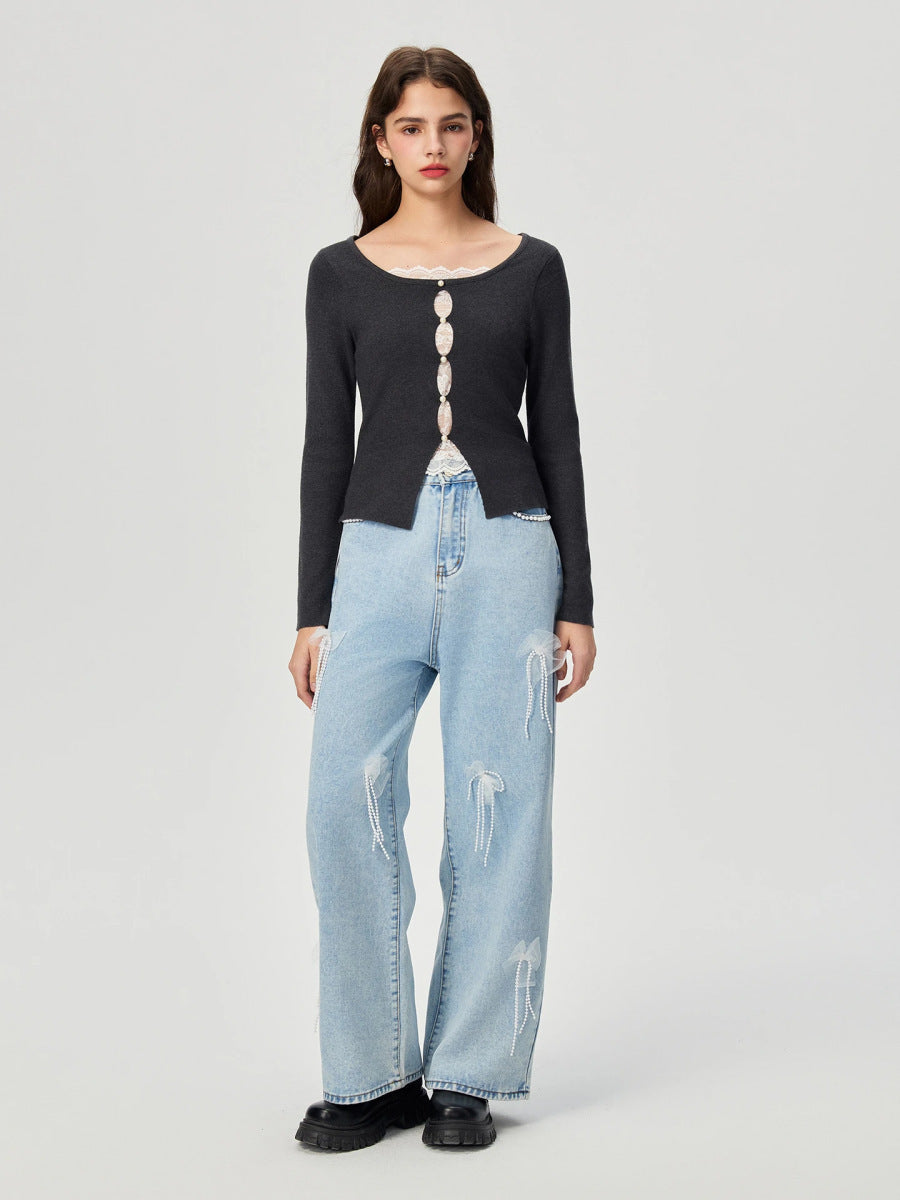 Denim trousers with 3D decoration