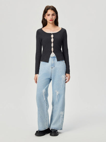 Denim trousers with 3D decoration