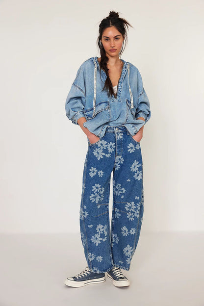 Flower Print Wide Leg Jeans