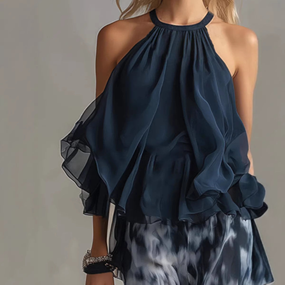 A halter-neck ruffled chiffon top and tie-dye wide-leg pants set - BundleWear