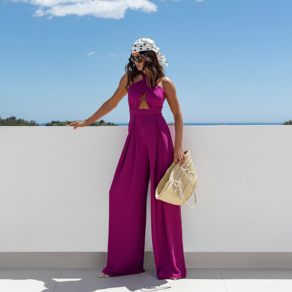 Solid ColorSleeveless Off-shoulderHalter Neck WaistJumpsuit - BundleWear