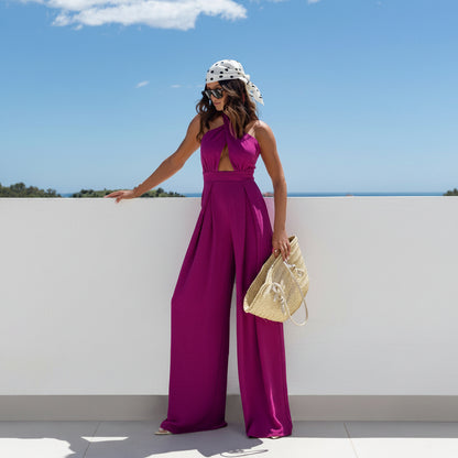 Solid ColorSleeveless Off-shoulderHalter Neck WaistJumpsuit - BundleWear