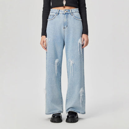 Denim trousers with 3D decoration