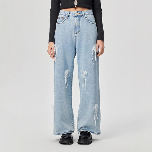 Denim trousers with 3D decoration
