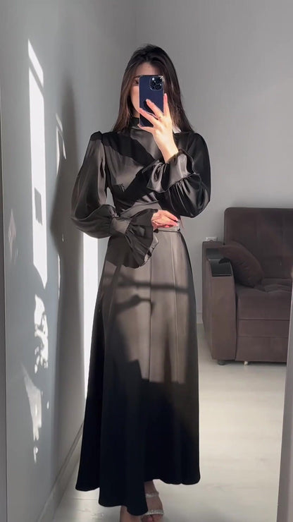 Long Sleeve Waist Puff Sleeve Solid Color Fairy Style Dress