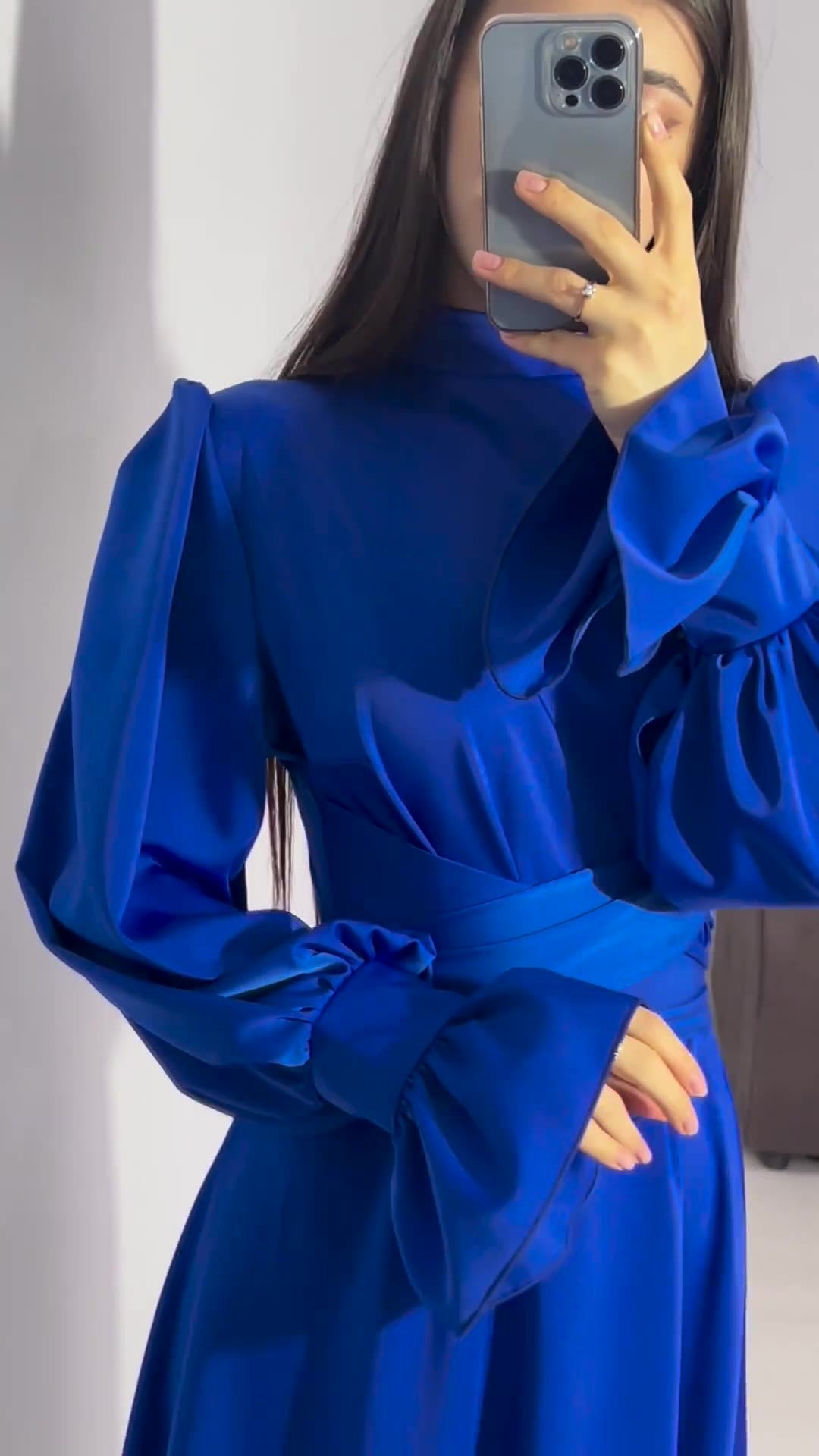Long Sleeve Waist Puff Sleeve Solid Color Fairy Style Dress