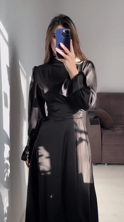 Long Sleeve Waist Puff Sleeve Solid Color Fairy Style Dress