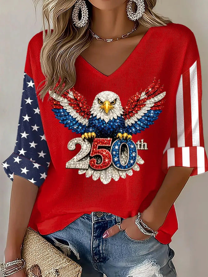 USA 250th Women's Summer V-neck Short-sleeved Top CHF-1580 - BundleWear