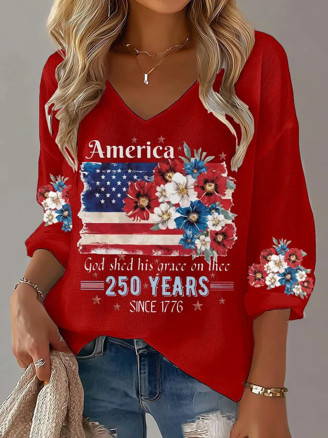 USA 250th Women's Summer V-neck Short-sleeved Top CHF-1584 - BundleWear